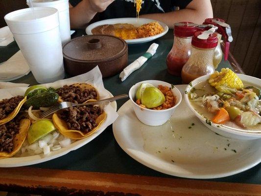 Asada mini tacos and chicken caldo