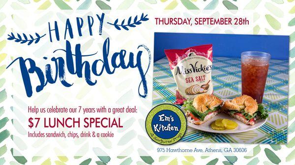 We are celebrating our 7 year Anniversary! Come have lunch with is and wish us Happy Birthday! #happyanniversary #lunchdeal