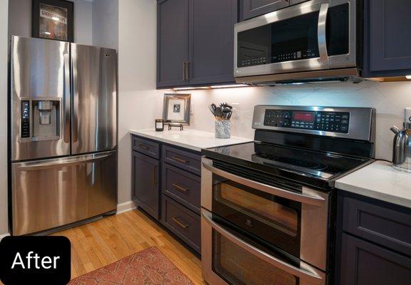 Cabinets next to the range were converted to a 3 drawer base.