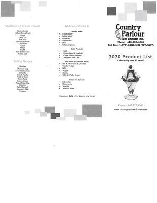 Page 1 of Country Parlours Product List as of January 2020