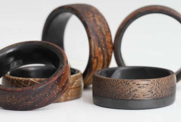 A selection of our Wooden Rings. Handmade in our Millcreek shop.