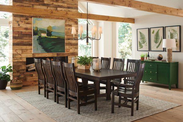 Mission Trestle Table made from real Appalachian Hardwood with solid wood Marshall Chairs and a green Charleston Buffet.