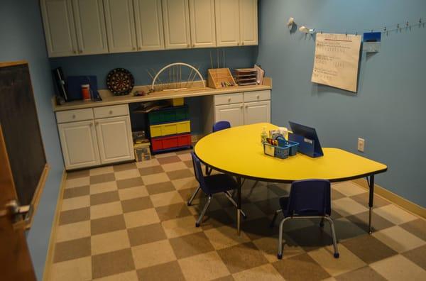 The Fine Motor Room is used for conducting pediatric occupational therapy sessions that are focused on dexterity.