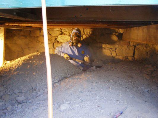 Crawlspace cleanup after significant wildlife activity under a house.