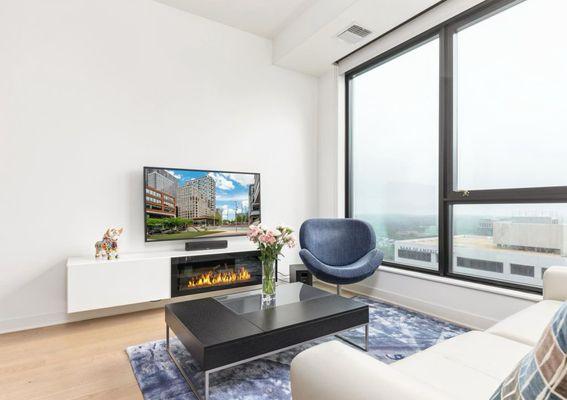 Beautifully cleaned living room with a nice view of the city