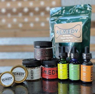 Remedy CBD Products including Topical Salves in 1oz & 0.5oz variations,10mg & 25mg capsules, and oil tinctures ranging from 250mg to 1,500mg