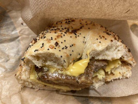 Sausage, egg & cheese on everything bagel. Delicious, hearty, warm!