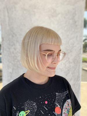 Platinum blonde bob with microbangs