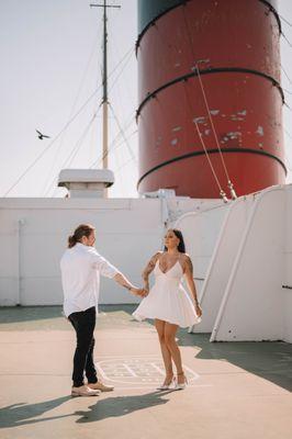 Lifestyle engagement photos on the Queen Mary