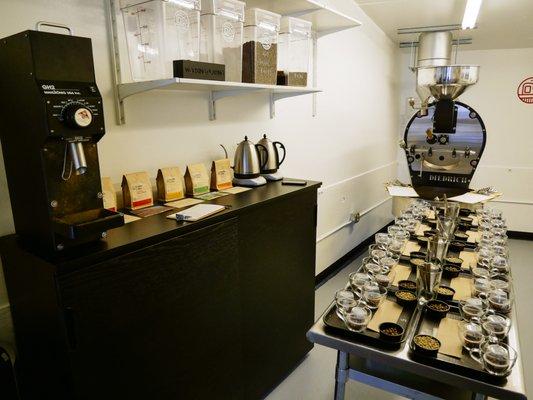 Cupping setup at the Ramble Coffee roastery