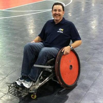 Dr. Fullerton trying out his wheel skills during the National Veteran Wheelchair Games- get back to your research Dr. Fullerton!