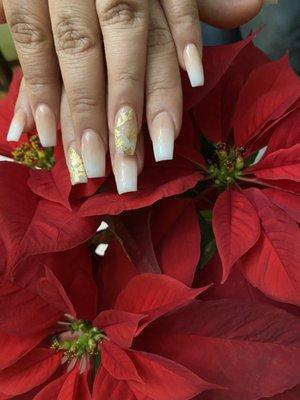 Ombré acrylic nails with gold foil design. $55