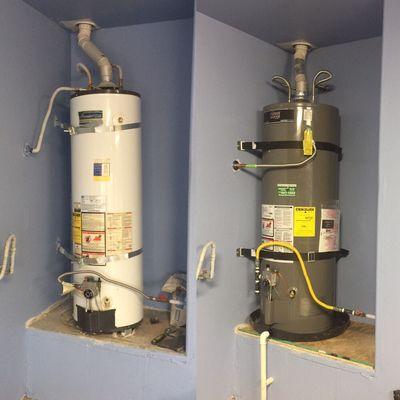 Before and after on a water heater replacement. Upgraded from a 40 gallon to a 50 gallon water heater. Code upgrades.