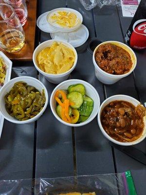 Sides- M&C, Brisket and Oxtail chili, BBQ beans, pickles and Jalapenos