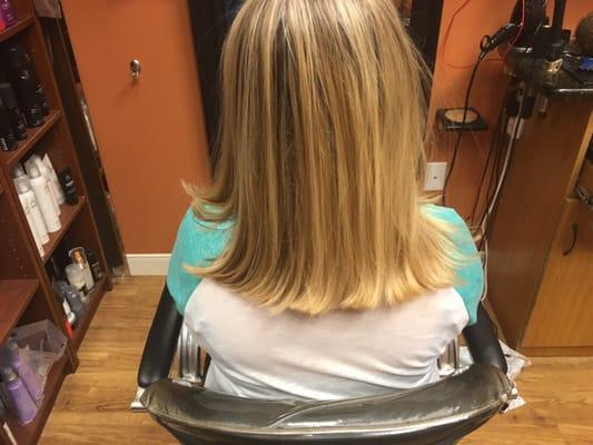 A summer haircut blonde highlights and a short to long bob.