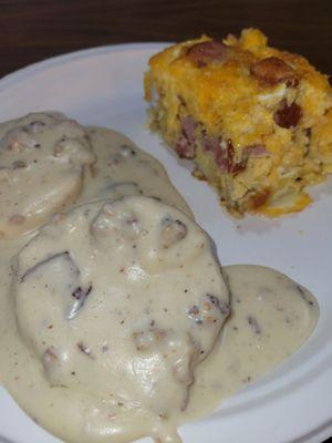 Breakfast casserole with biscuits & gravy