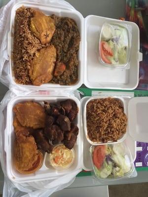 Legume with rice and beans to the left and turkey griot with rice and beans to the right.