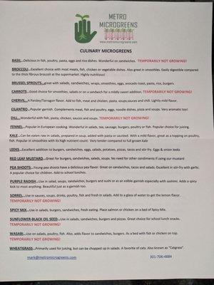 List of culinary microgreens sold by Metro Microgreens, current as of 05/11/2020