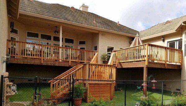 Redwood stairs, landing and rail.