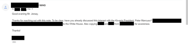 Email correspondence I received from White House officials about interest in working with Kiwanis.