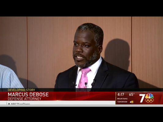 Attorney Marcus DeBose on NBC News following his client's arraignment for murder  in San Diego Superior Court.