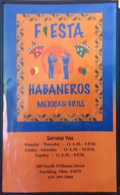 Cover of menu including hours