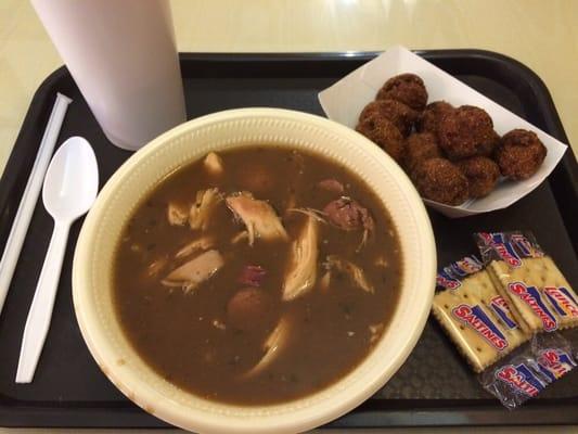 Chicken Sausage Gumbo with a side of hushpuppies!