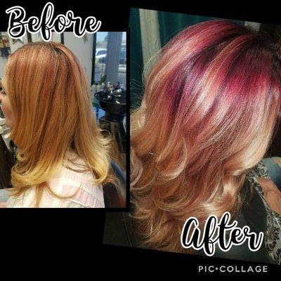 Magenta and blonde shadow root balayage