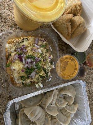 Mango lassi, chicken momos, veg samosa