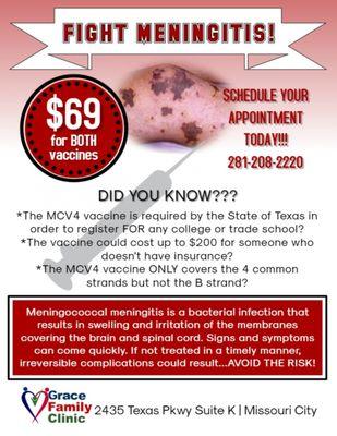 Are you ready for college? Not without the meningitis shot! We're waiting for you!