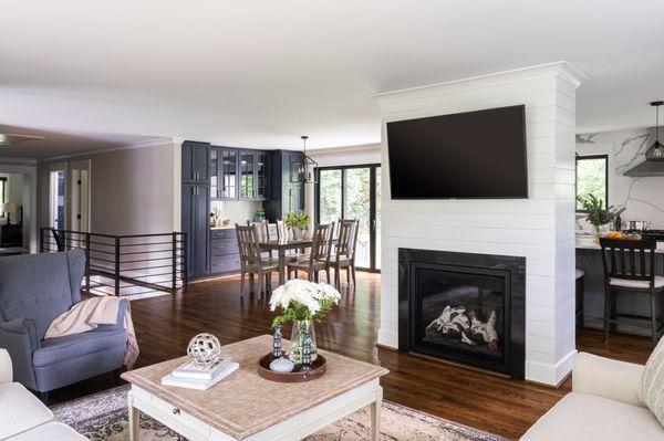 Open floor remodel. Shiplap fireplace