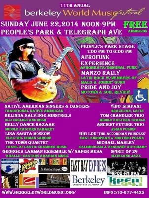 The city of Berkeley is a sponsor of Berkeley World Music Festival 6/22 w/Afrofunk Experience, Manzo Rally, Pride & Joy