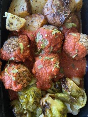 Tomato Braised Vegan Grain Meatballs.. WJC 7/22/21 Slow Cooked w Herb Tomato Sauce, Spring Vegetable Medley, Rosemary Potatoes