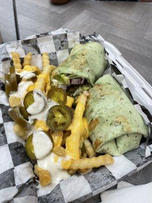 Falafel Wrap with cheese, ranch, and jalapeño fries