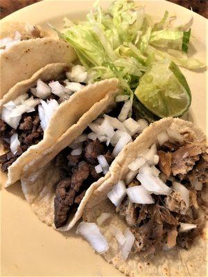 Tacos Colima - $1.25 per taco. (Carnitas and asada pictured here.)