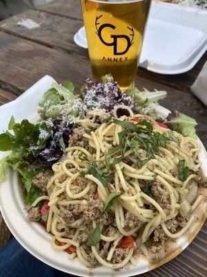 Sausage and peppers pasta (normally spaghetti but it can be fettuccine)