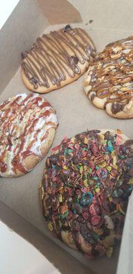 (top) Nutella explosion (right) caramel stuffed pretzel (bottom) fruity pebbles (left) guava lava