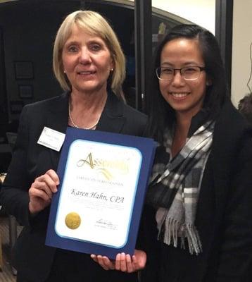 From CA State Assemblyman office Kansen Chu a Certificate of Recognition to Karen A. Hahn and her team for their outstanding work.