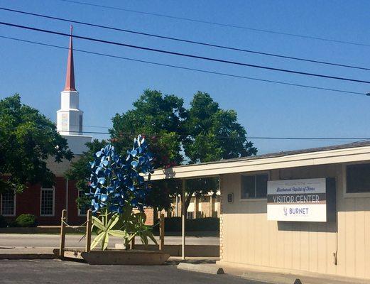 Across the street from the church steeple