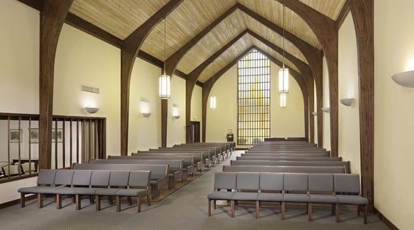 The Dogwood Chapel, completely remodeled in 2007, features comfortable seating for 200, stained glass, a high vaulted ceiling.