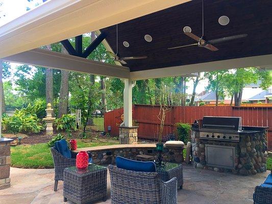 Open gable patio cover addition with beaded board ceilings located in Gleannloch Farms