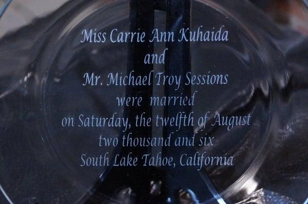 Commemorative Plate: Award, Recognition or Event - Couple's wedding cake plate with custom etching.