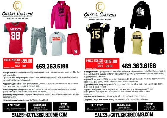 Football uniforms and practice kits.