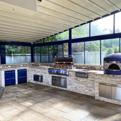 Twin Eagles 54" Gas Grill, TRUE Custom Blue Refrigerator & Freezer Drawers, Power Side Burner, & Wood/Gas Pizza Oven