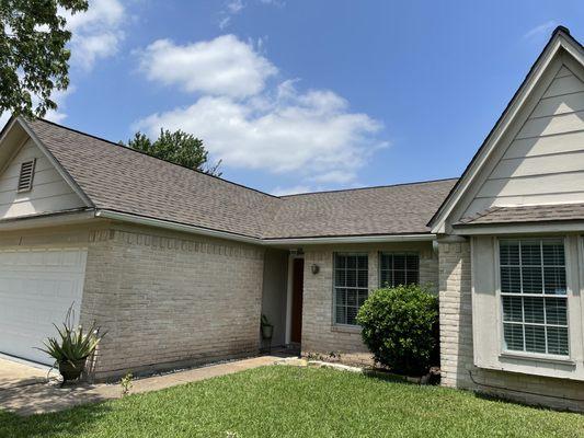 Front view of completed reroof using PABCO Premier Oakwood color~