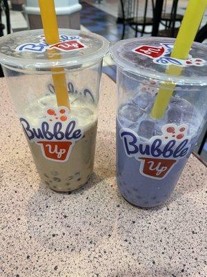 Lavender milk tea w/passion fruit popping pearls and taro milk tea with yogurt popping pearls