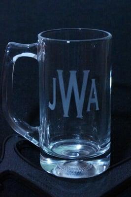 Glassware: Drinking Glass, Pilsner, Stemware, and Barware - Monogrammed MUG with (Sport) Baseball in the Bottom.