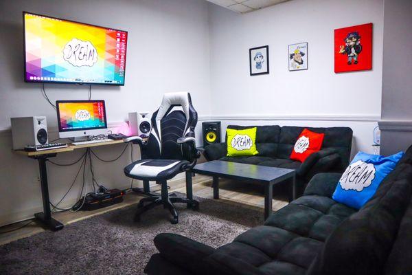 This is the V room where we record music and audio sounds of all types with a mac studio interface, lounge and more