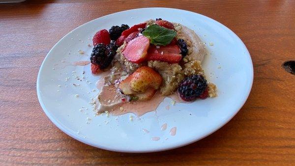 Chocolate mousse with fresh fruit and mint.