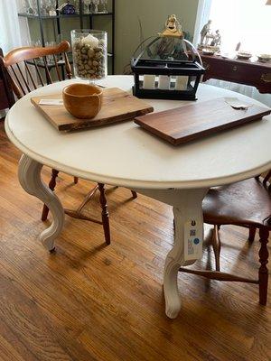 Solid walnut updated 44" round table in Fusion Mineral Paint in Victorian Lace, just beautiful with the slightest distressing!